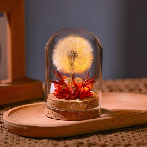 Veilleuse Pissenlit sous cloche en verre avec fleurs préservées, pour la décoration intérieure ou comme cadeau de Saint-Valentin (dégradé or et rouge) (1/5)