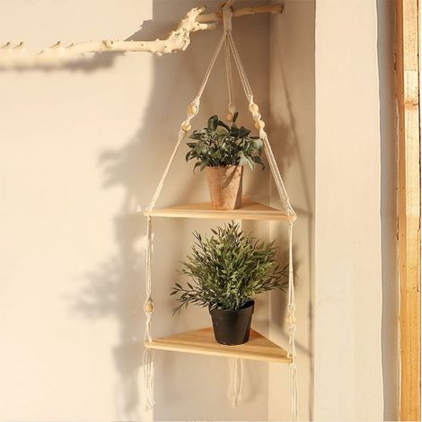Etagère Murale en Bois - 90 x 32,5 cm - Avec Corde Macramé - Pour Plantes et Décoration Intérieure ou Extérieure - 1 Pièce (1/5)