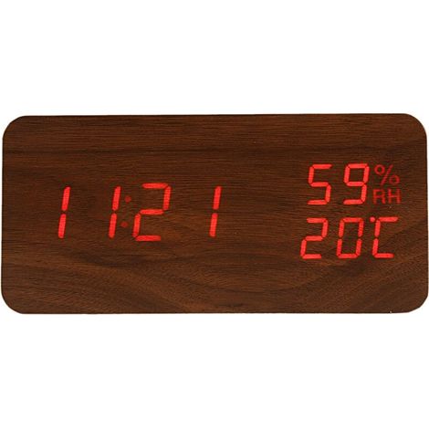 Moderner LED-Wecker, elektronischer digitaler Tischwecker mit Temperatur- und Luftfeuchtigkeitsanzeige, braune und rote Untertitel (1/5)