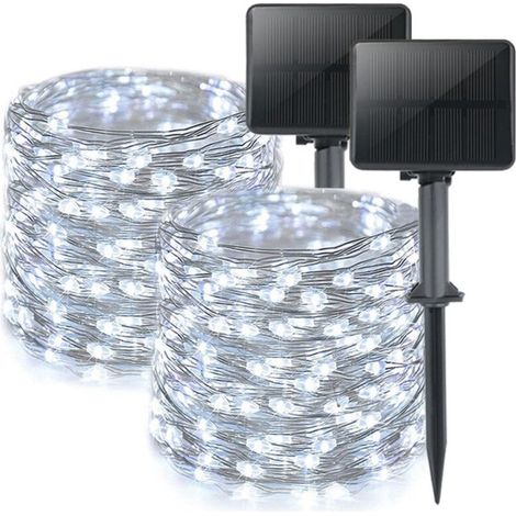 Lot de 2 Guirlande Solaire Exterieur, Totale 16m 160LED Lumineuse Étanche, 8 Modes Décoration pour Jardin Terrasse Cour Noël Mariage Fête, Blanc brillant (1/4)