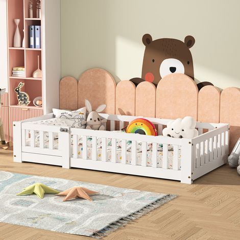 Lit Enfant 120x200 cm, Lit au Sol, Lit Simple Bébé avec Barrière de Sécurité et Sommier à Lattes, Cadre de Lit en Bois, Pour Garçons et Filles, Blanc (1/4)