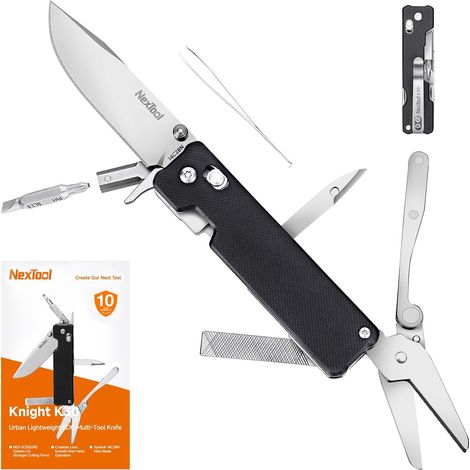 Couteau de Poche Pliant 11 en 1 à Verrouillage par Axe, Outil Multifonctions EDC avec Lame en Acier 14C28N et Manche G10, Ciseaux Moletés pour Usage Quotidien, Camping, Randonnée (1/5)