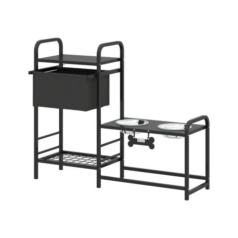 Gamelle surélevée pour chien, réglable en hauteur, avec espace de rangement pour la nourriture et l'eau, 2 gamelles de 800 ml en acier inoxydable, 89,5 x 27 x 74 cm, noire