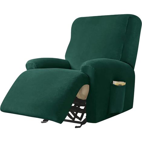 Relax Soft Velvet Stretch Armchair Cover, Dark Green 4 Piece Non-Slip Sofa Cover with Side Pocket, Washable Furniture Protector for 1 Seater Recliner Chair (1/5)