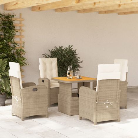 Ensemble de Jardin 5 Places avec Rehausse Table  Polyrotin Beige  4 Chaises Inclinables, Table 80x80cm  Livraison Coussins Amovibles (Blanc Crème) (1/5)
