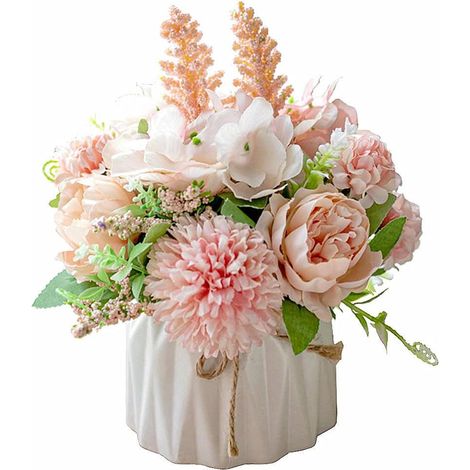 Fleurs artificielles pivoine en soie, hortensia avec vase, composition florale décorative pour mariage et décoration de table (Ro-AquaForge (1/5)