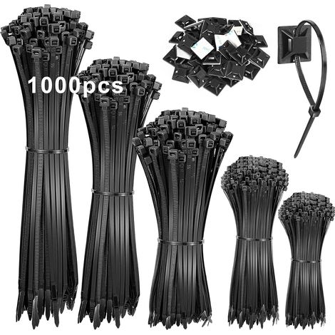 1000 Pièces Serre Câbles, Collier de Serrage Plastique Noir Assortiment  100/150/200/250/300mm x 3,6mm et 50 Pièces Base de Auto-adhésives,Nylon Collier de Serrage Plastique Câble (1/5)