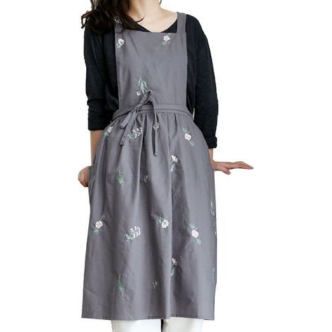 Tablier imperméable en coton et lin – Gris foncé – Brodé – Style japonais, pour pâtisserie et café (1/5)