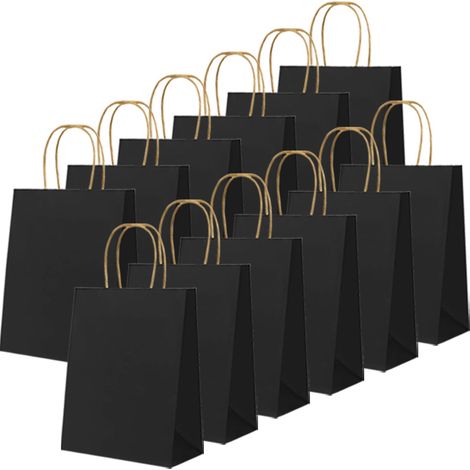 24 Pièces Noir Sacs en Papier Kraft avec Poignées, 16 x 22 x 8 cm Cadeaux en Papier Petits sacs de Transport Emballage Cadeau Sac (1/5)