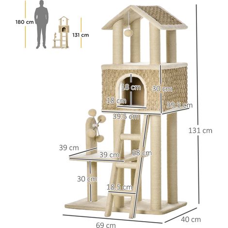 Grand arbre à chat 130 cm avec cachette et jouets suspendus, troncs en sisal, couleurs kaki et beige, revêtement en panneau de fibres molletonné (1/5)