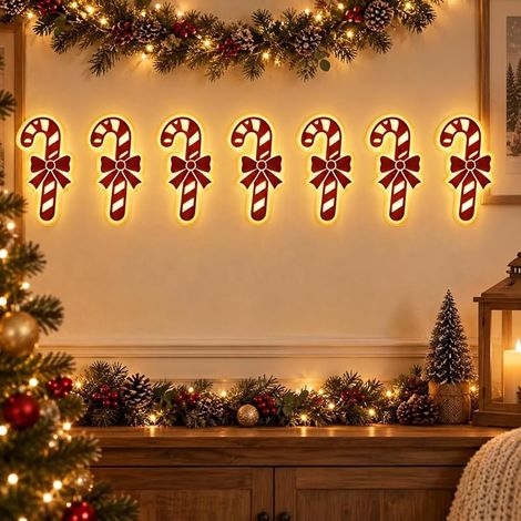 Décorations murales à DEL en forme de renne – Éclairage festif de Noël, 7 pièces de renne en bois lumineux 3D, lumières murales luminescentes pour décoration de maison, fenêtre et fête, H (1/5)