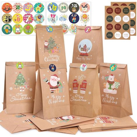 Sacs Cadeaux de Noël en Papier Kraft, Lot de 24 Sacs 22x12x8cm avec 24 Autocollants, 6 Modèles Festifs, Emballage Cadeau pour Fêtes et Sapin (1/5)