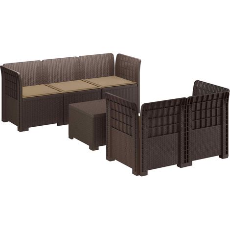 Salon de Jardin 5 Places avec Table et Coussins Canapé Modulaire Aspect Rotin PP Marron - PANGIVO (1/5)