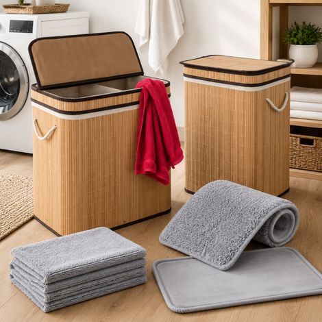 Juego de limpieza de ropa de bambú (2 piezas): cesto de bambú de dos compartimentos de 100 litros y paquete de 5 almohadillas planas para fregona. (1/5)