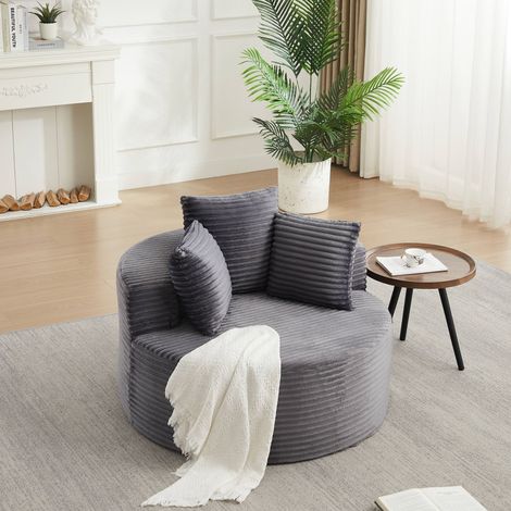 Canapé convertible confortable – Fauteuil rond en velours côtelé – Design décontracté – Livré avec trois coussins décoratifs – 110 cm de diamètre – Gris (1/5)