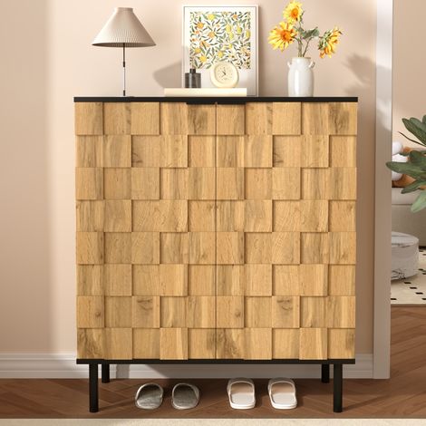Meuble à chaussures, 80x35x91.5 cm, armoire de rangement pour entrée et couloir, 2 portes effet mosaïque 3D étagères réglables en hauteur, Naturel (1/5)