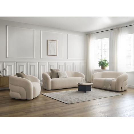 Bobochic – Ensemble canapé droit fixe 3 + 2 places – Fauteuil pivotant – Tissu bouclette beige – Structure bois robuste – Longueur 346cm – Style moderne (1/5)
