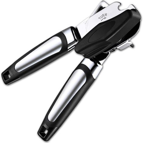 Apriscatole manuale, pratico e robusto per un uso intensivo, impugnatura antiscivolo, lama affilata in acciaio inox, ergonomico e facile da usare grazie al suo grande pulsante. (1/5)
