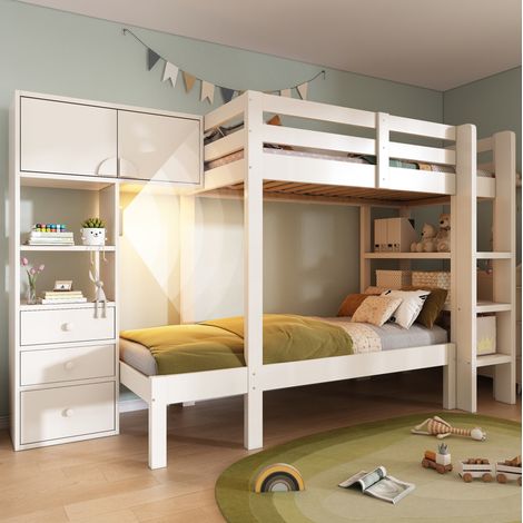 Litera 90x200 cm blanca de madera y metal con armario, estantes y luz nocturna LED (1/5)