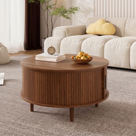 Table basse ronde relevable 80cm avec rangement et porte coulissante - mdf et pin massif - noyer
