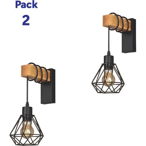Lot de 2 Applique murale bois vintage abat-jour cage Douille E27