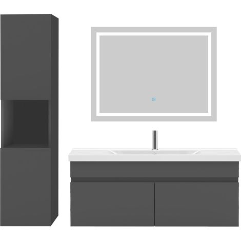 Ensemble meuble de salle de bain 100cm, vasque céramique + colonne + LED miroir, anthracite
