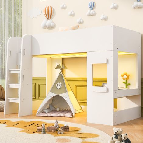 Letto a soppalco multifunzione 203.8x93.6x139 cm, con luce LED, scrivania, sbarre di protezione, MDF bianco (1/5)