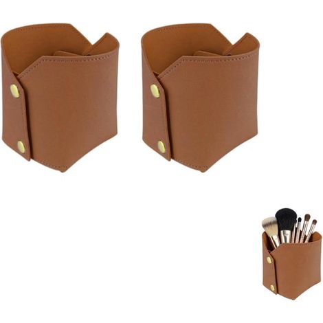 Juego de 2 piezas de portalápices de escritorio: portalápices multifuncional de cuero marrón, organizador para brochas de maquillaje, mando a distancia y caja de almacenamiento. (1/5)