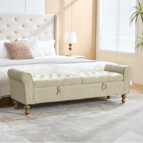 Panca contenitore 134.5x30x49 cm, 2 coperchi, grande vano portaoggetti, montaggio semplice, chenille greige (1/5)