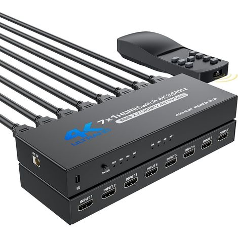 HDMI Switch 7 Entrées 1 Sortie 4K@60Hz, Commutateur HDMI 2.0 7 Ports Boîte de Sélection HDM I Hub avec Télécommande Soutien 3D HDCP 2.2 HDR pour PS5 Xbox Series X HDTV PC avec Alimentation (1/5)