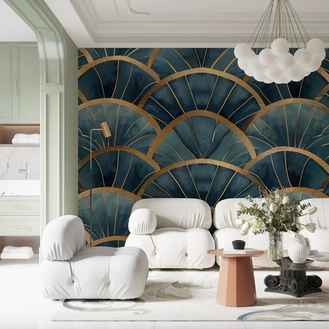 Papier Peint Géométrique - Arcades bleues et dorées - 150 x 250 cm (1/2)