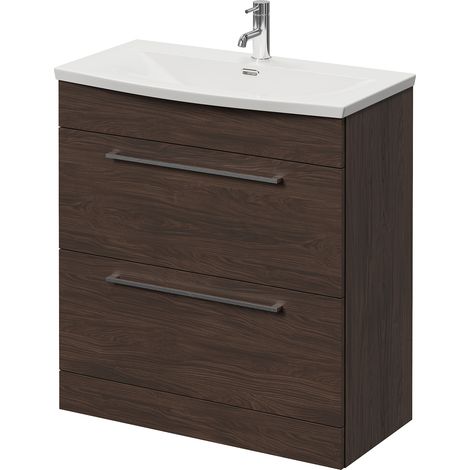 Napoli 390 Brown Oak 800mm 2 Drawer Vanity Unit with Arc Basin - 800mm - Chrome 480mm Handle