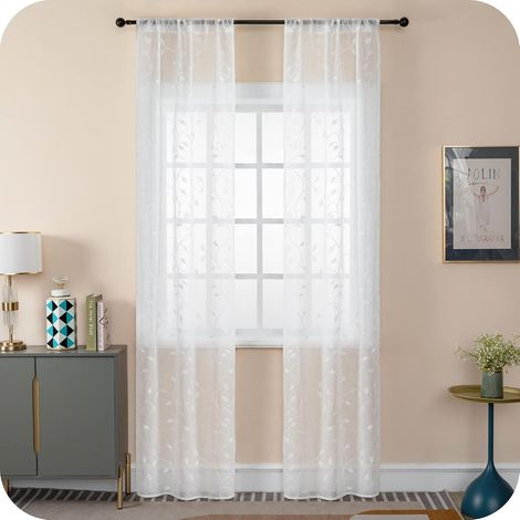 Paire de rideaux filtrants effet lin, motif végétal grimpant pour porte, fenêtre et intérieur, 2 panneaux avec passant caché et boucles (blanc, 132 x 241 cm) (1/5)