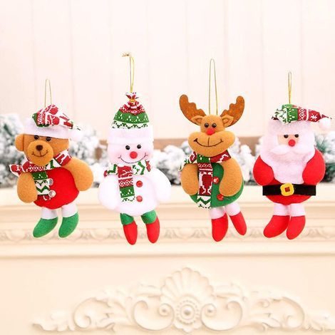Ornement En Tissu - Décoration Suspendue De Noël - Père Noël Bonhomme De Neige Renne - Pour Arbre À Cadre Porte Fenêtre - Lot De 4 (1/5)