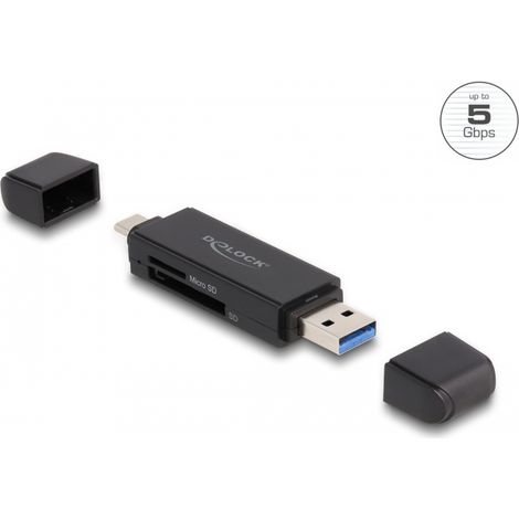 Delock Lector de tarjetas SuperSpeed USB 5 Gbps USB Type-Câ¢ / Tipo-A para tarjetas de memoria SD y Micro SD