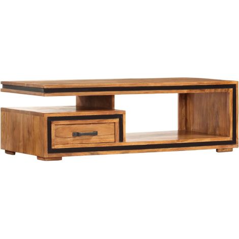 Table basse rectangulaire 1 tiroir acacia massif clair et métal noir Amanda (1/5)
