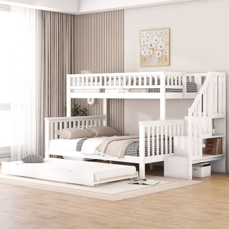 Letto a castello bambini 90/140x200 cm con letto aggiuntivo, rete a doghe, scala, in pino, senza materasso, bianco (1/5)