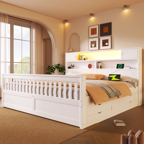 REDOM Letto matrimoniale 180x200 cm con contenitori LED USB e quattro cassetti in MDF e compensato bianco (Senza materasso) (1/5)