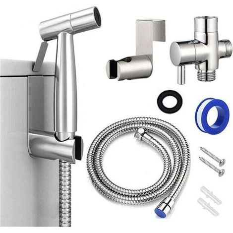 Kit Douchette wc,Pomme de Douche Pour le Nettoyage de la Salle de Bain, Pulvérisateur pour L'hygiène PersonnQuotidienne, Jeu de Tuyaux Mural (Argent) (1/3)