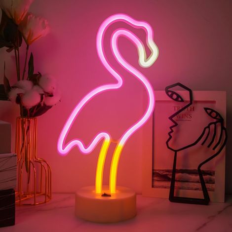 Veilleuse flamant rose - Alimentée par batterie/USB, lumière néon rose avec base, décoration pour Saint-Valentin, anniversaire, bar, fête, cadeau