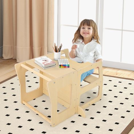 Marchepied Convertible et Pliable 3 en 1 pour Enfants Escabeau Montessori avec Tableau Noir Table et Tabouret Rail de Sécurité Naturel (1/2)