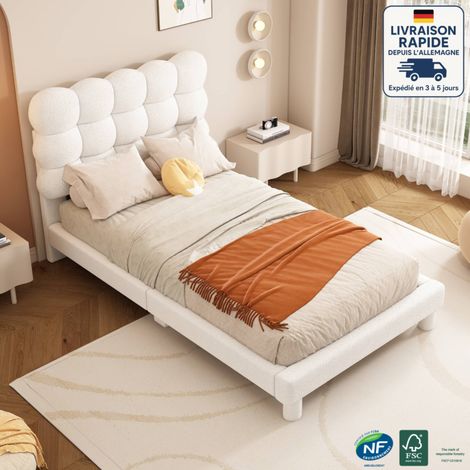 Lit simple 90x200 cm, tissu bouclé, lit enfant avec sommier à lattes, tête de lit réglable en hauteur, sans matelas, blanc (1/5)