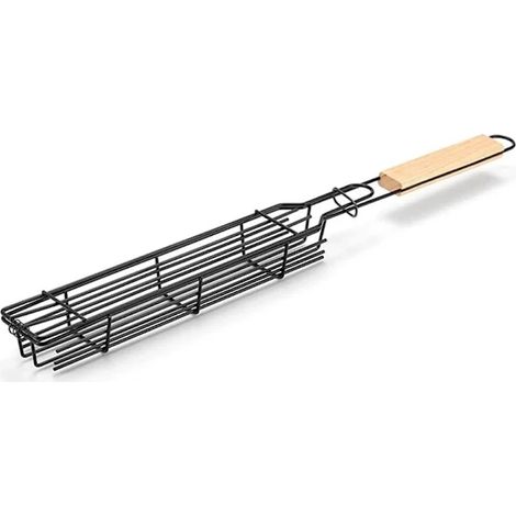 Panier à griller pour barbecue avec poignée en bois, grande capacité, grille de rôtissage pour le camping, les pique-niques et les grillades en plein air, noir (1/2)
