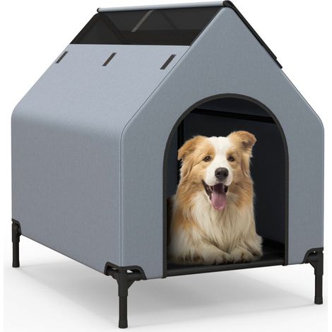 2 in 1 dog house &amp Raised Dog Bed Dog Lounger Outdoor Pet House with Breathable Mesh Gray 64 x 91 x 86 cm (1/5)