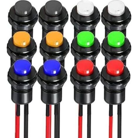 12er-Pack 12-mm-vorverdrahtete, selbstverriegelnde Drucktaster DS-428/427/425, Mini-Rundtaster, geeignet für Beleuchtungskörper und Haushaltsgeräte (1/4)