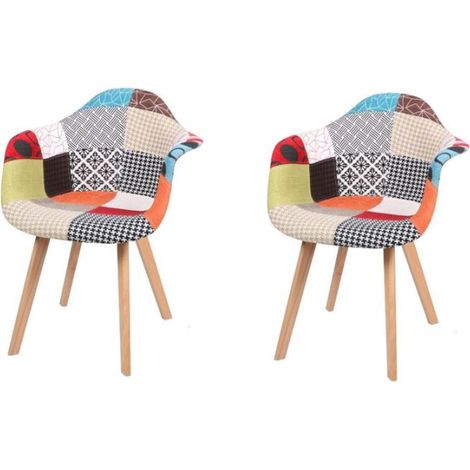 Lot de 2 fauteuils "Patchwork" avec pieds en bois - Multicolore - L 63 x l 63 x H 81 cm - Livraison gratuite (1/3)