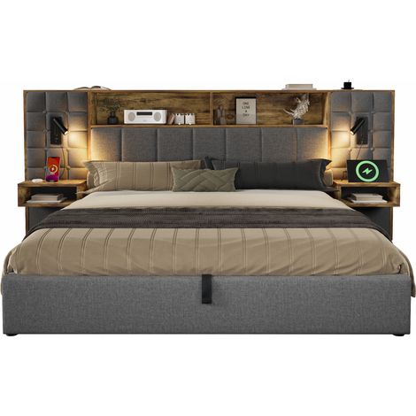 CHICFURN Lit coffre 160x200 gris avec rangement, LED, 2 lampes de lecture, 2 tables de chevet intégrées, ports USB et Type-C, sommier inclus, sans matelas (1/5)
