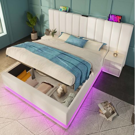 Cama con espacio de almacenamiento de PU blanca 160x200 cm con LED, USB-C y estructura hidráulica (1/5)