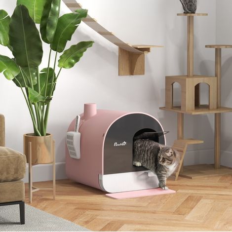 Lettiera chiusa per gatti 43x44x47 cm, con filtro, paletta e tappetino raccogli sporco, plastica rosa (1/5)