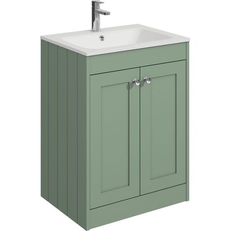 Balterley Butterton 600mm Floor Standing 2 Door Unit with Stone Basin 1 Tap Hole - Satin Green (1/4)